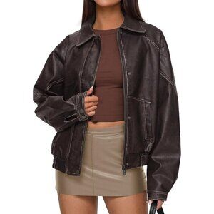 Women's Dark Brown Faux Leather Jacket with Button Details and Relaxed Fit